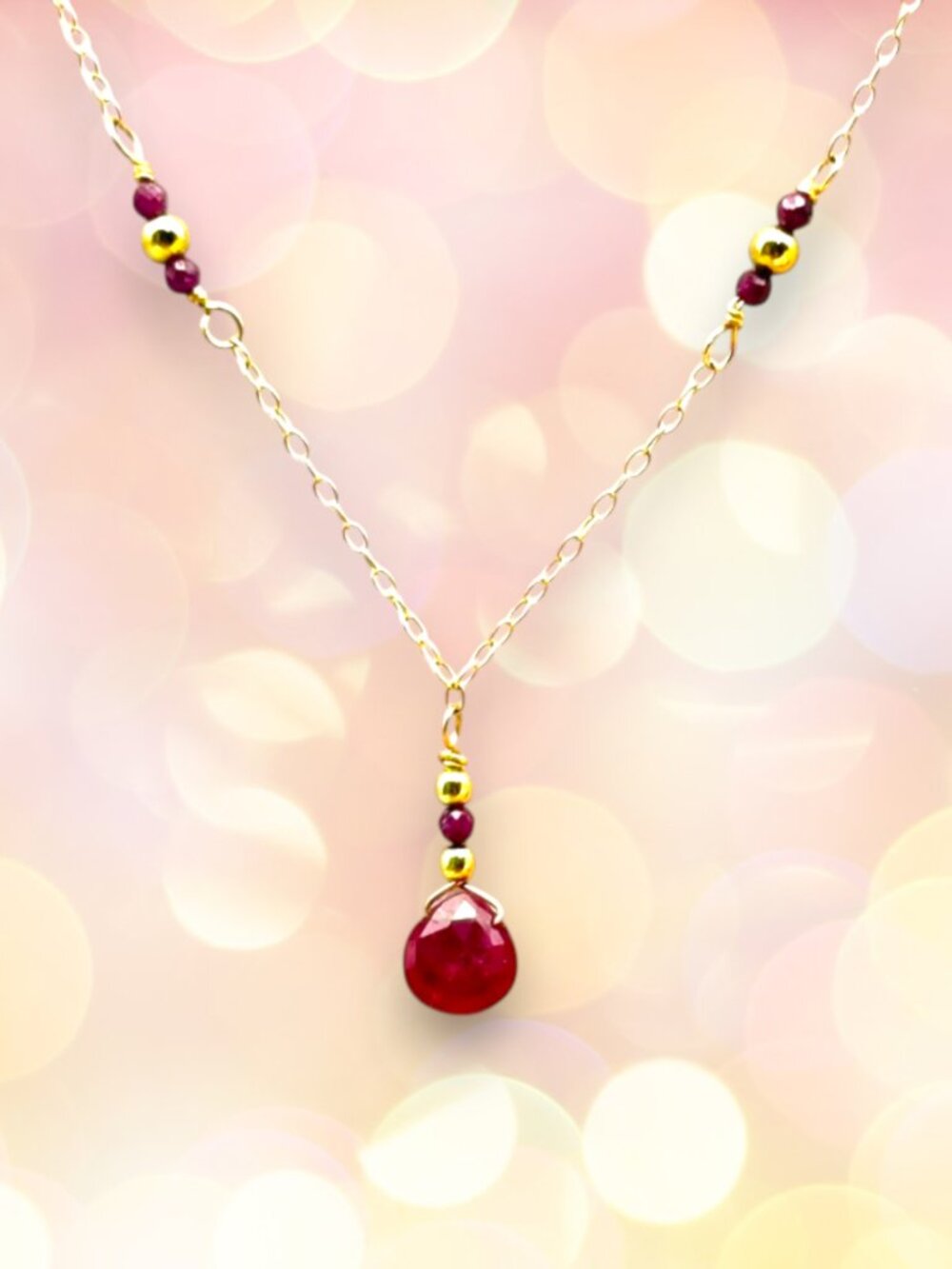 Romantic Ruby Pendant with Hand Beaded Gold Filled Necklace